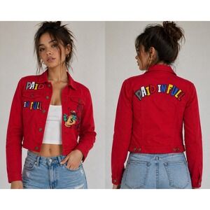 Track 23 Paid In Full Red Denim Jacket Streetwear Graphic Button Up Womens Small